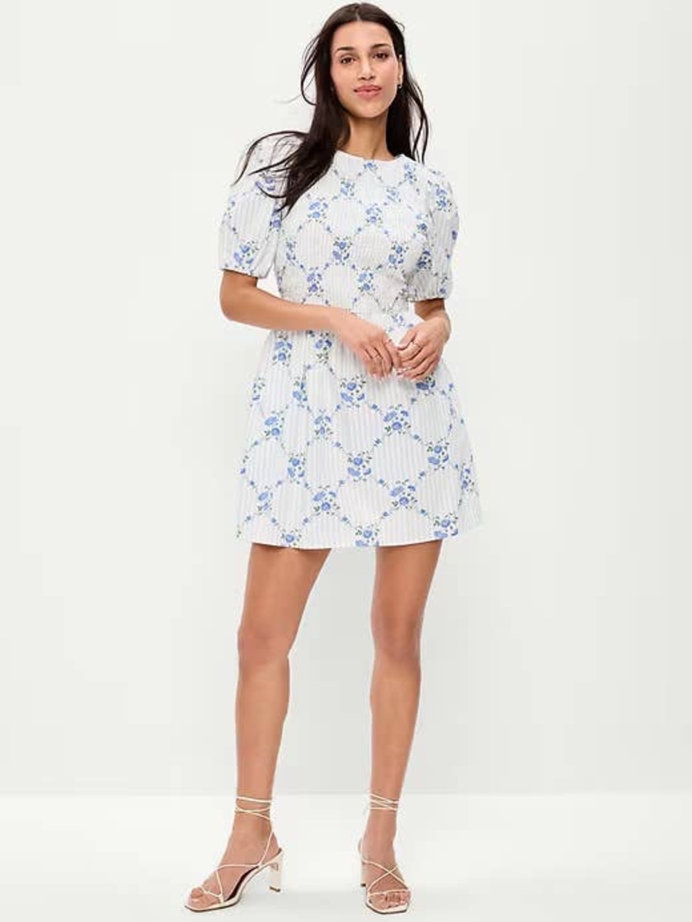 Old Navy Floral Blue Stripe Puff-Sleeve Mini Dress Smocked